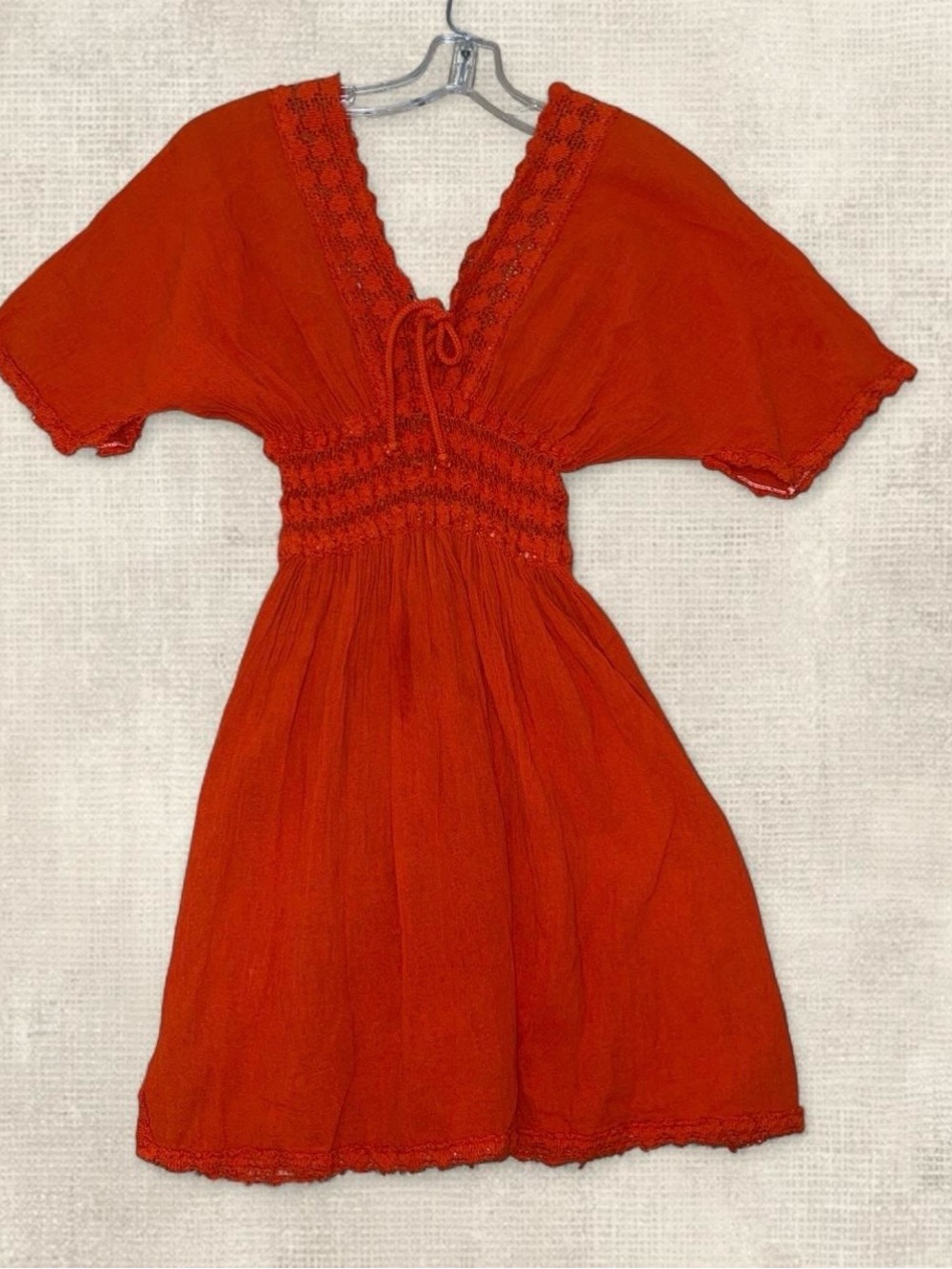 Orange Boho Linen Crochet-Trim Mini Dress